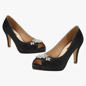 Black Satin Heels with rhinestone Embellishment